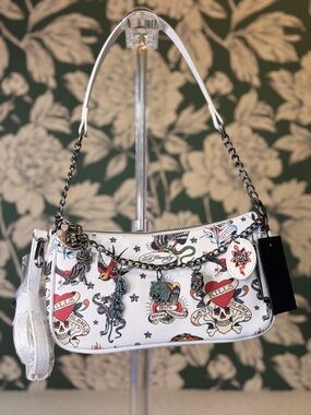 Ed Hardy White Tattoo Print Shoulder Crossbody Bag with Charms NWT